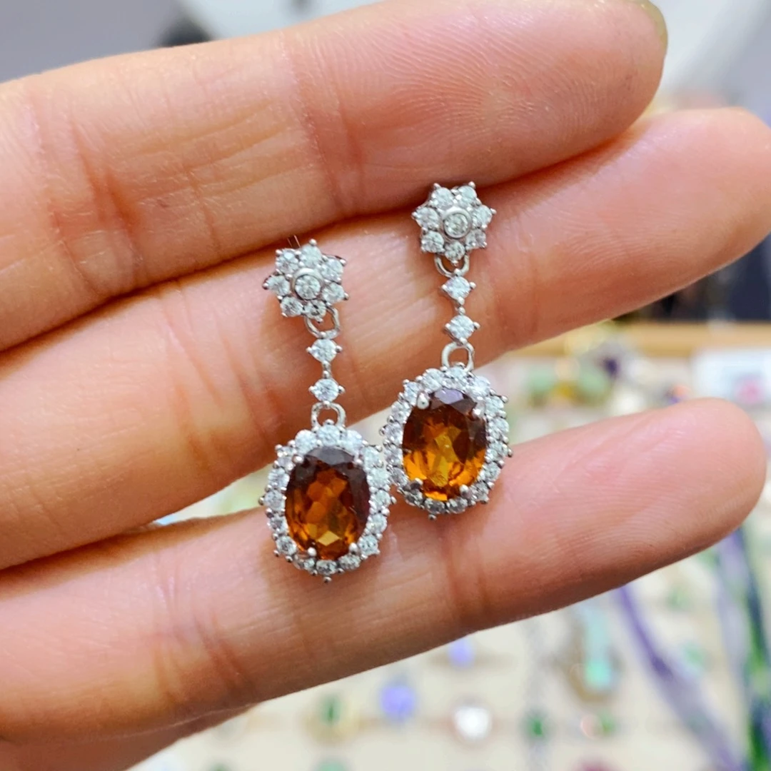 石榴石（芬达石）耳饰银S925镶嵌