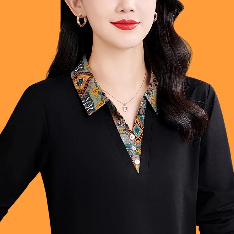 爆款减龄长袖t恤女春秋翻领黑色妈妈运动polo衫休闲宽松百搭时髦