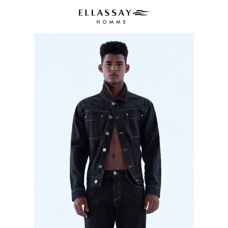 ELLASSAY歌力思男装春夏内logo印花拼色休闲牛仔夹克EME331T03700