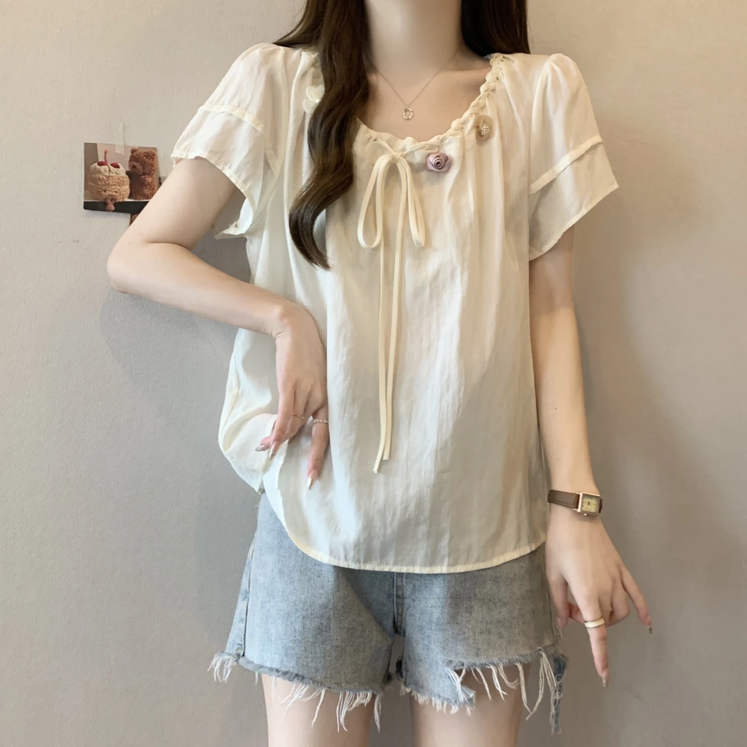 大码女装遮肚子法式泡泡袖小众衬衫女夏季胖妹妹宽松显瘦正肩上衣