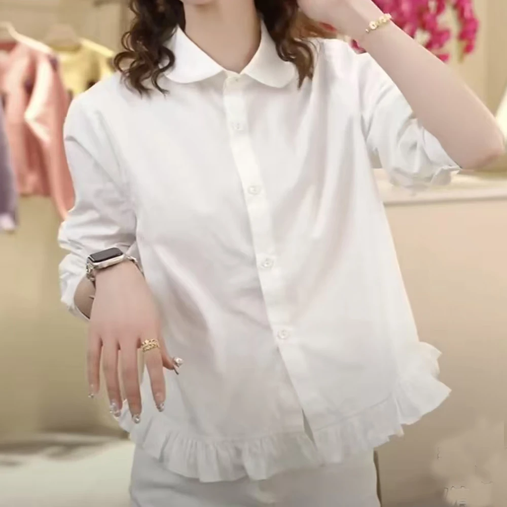 翻领裙摆褶皱设计感早春2025新款时尚百搭单品衬衫长袖上衣白色