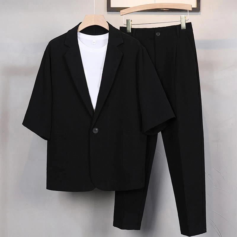 【三件套】 男士大码半袖小西服微胖男生显瘦穿搭夏季短袖西服套装