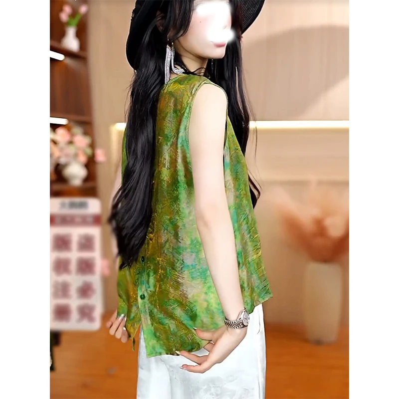 韩版设计感绿色晕染无袖T恤女夏季2025新款小个子修身显瘦ins上衣