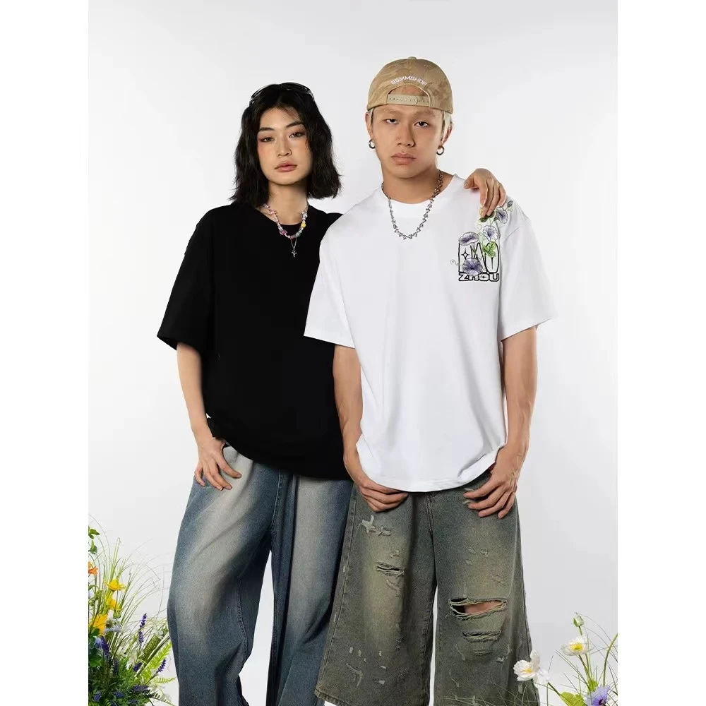 短袖其他休闲凉感花卉纯棉T恤白色宽松夏季潮流春夏街头男女同款