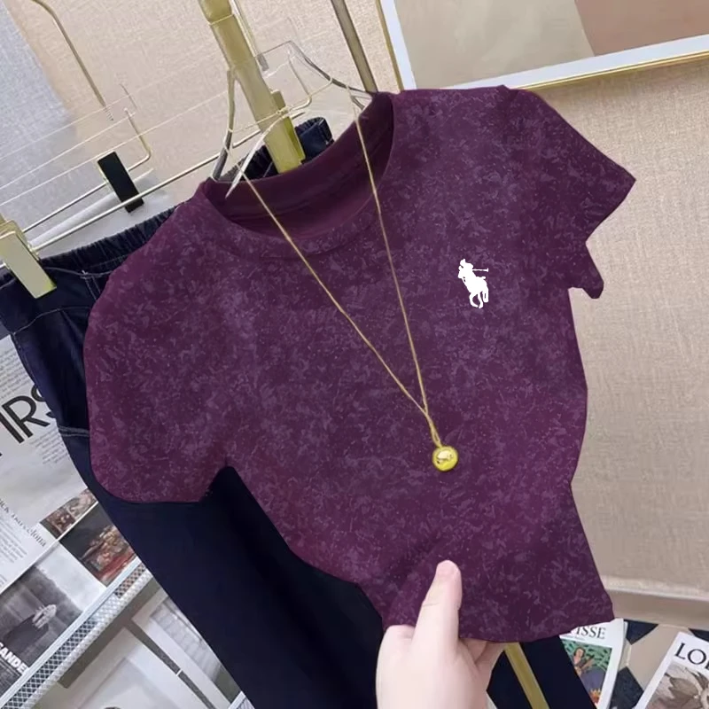 正肩葡萄紫短袖t恤夏季女装新款小众洋气减龄高级感修身扎染上衣