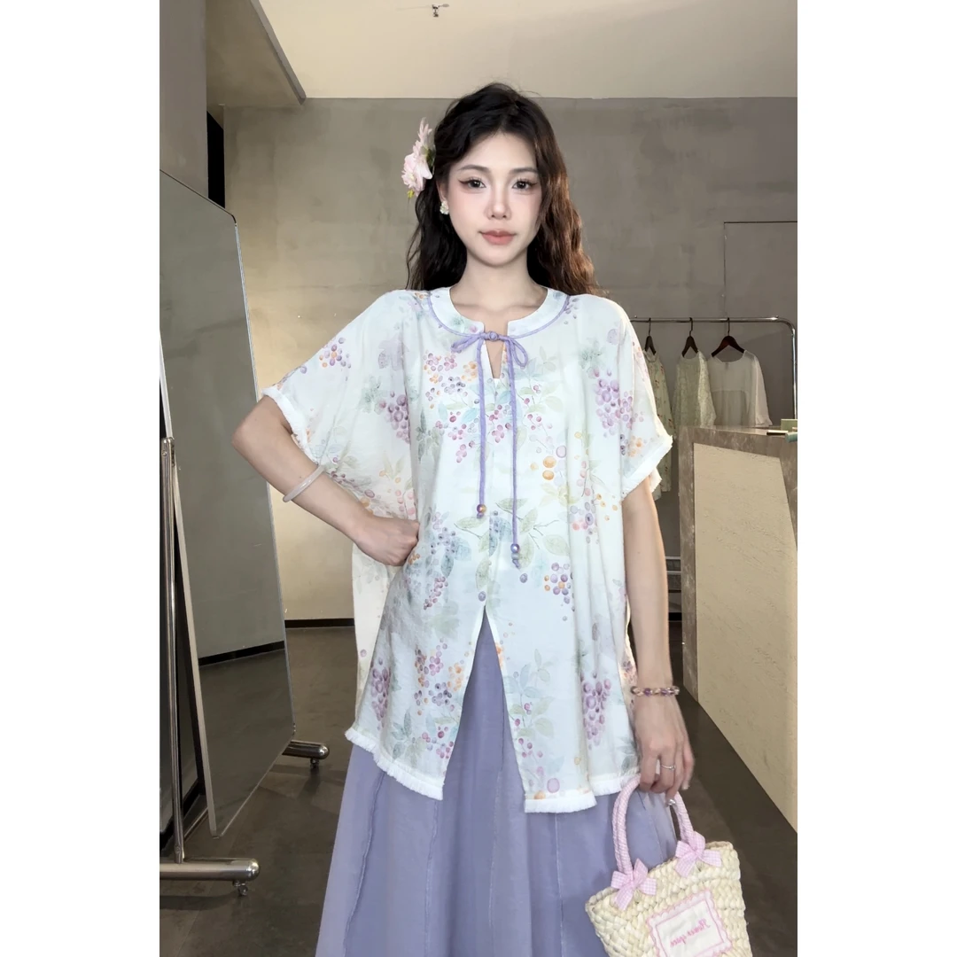 旻旻家【葡萄成熟时】新款小众设计感国风开叉小衫上衣女（20759）