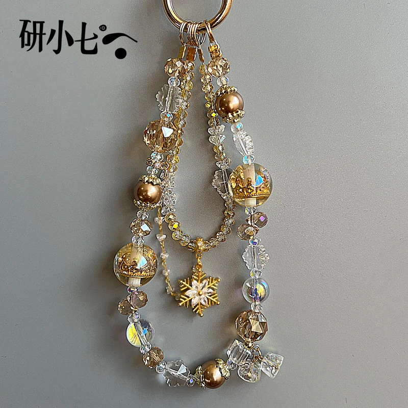 研小七水晶花盘锆石棕色轻奢高级感手机挂链手提包包防丢挂饰D167