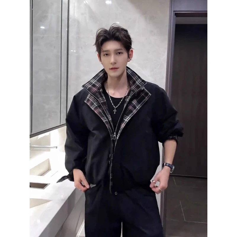 格纹拼接假两件立领棉服男款冬季加厚保暖棉衣潮牌高级感夹克外套