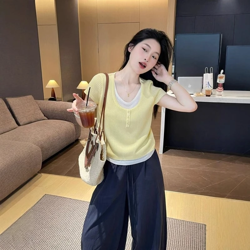 夏季新款韩版百搭显瘦糖果色简约撞色假两件上衣透气短袖针织衫女