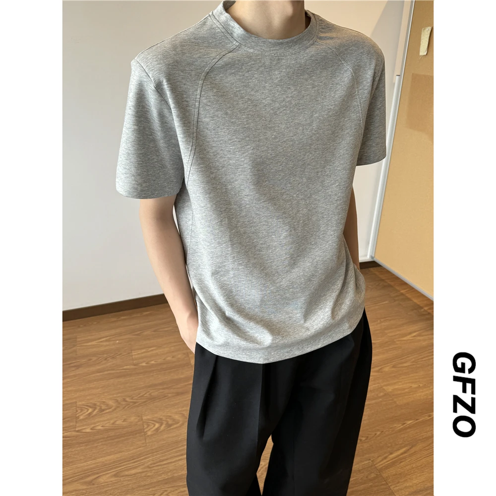 美式宽松显宽垫肩T恤男潮牌休闲简约时尚百搭圆领T恤纯色基础款