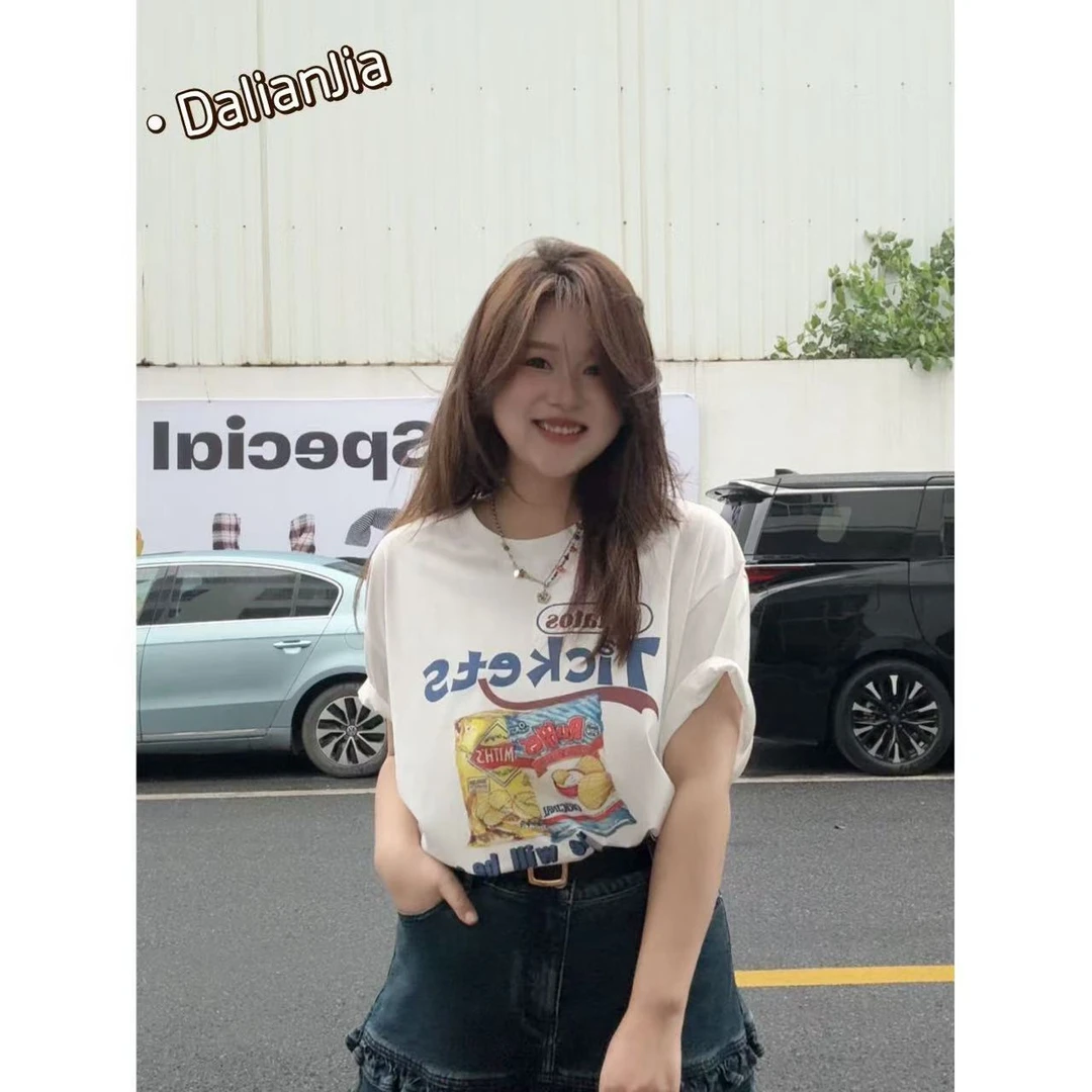 晶咕佳佳【美味贴画】宽松彩色印花字母短袖休闲百搭时尚圆