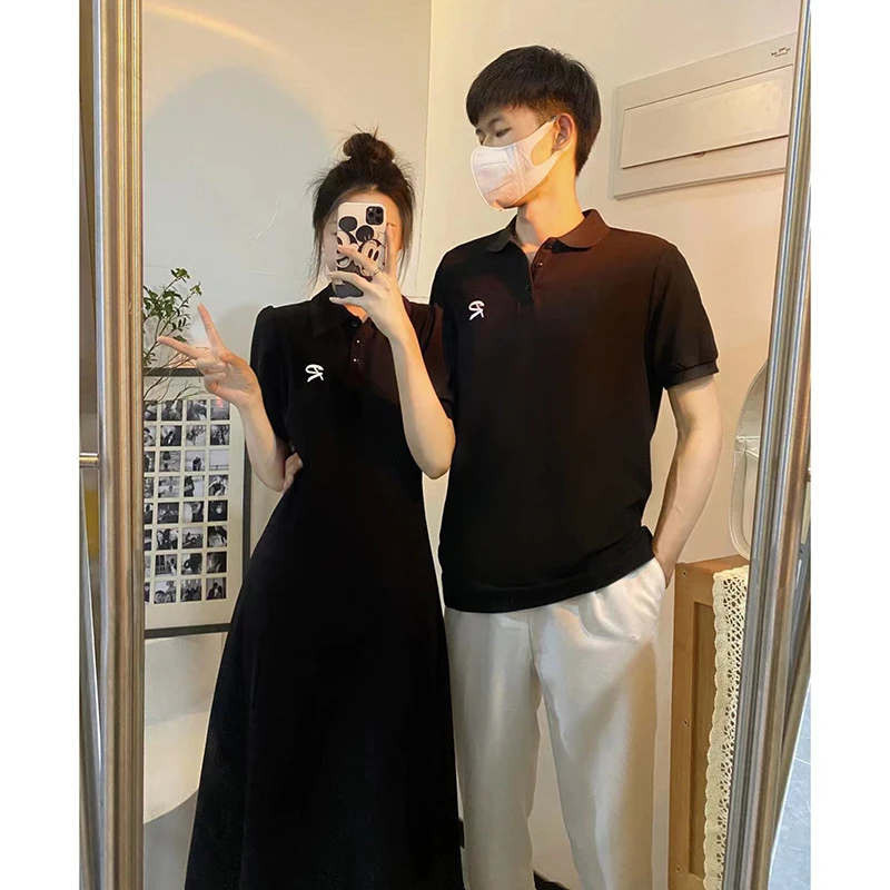 洋气衣服女 2023夏季新款情侣装法式polo连衣长裙男polo衫套装