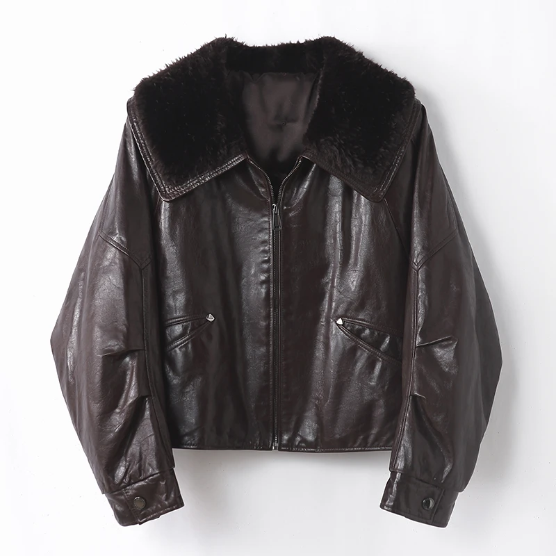 WE2025新款真皮头层植鞣油蜡绵羊皮90白鹅绒夹克皮衣外套女款