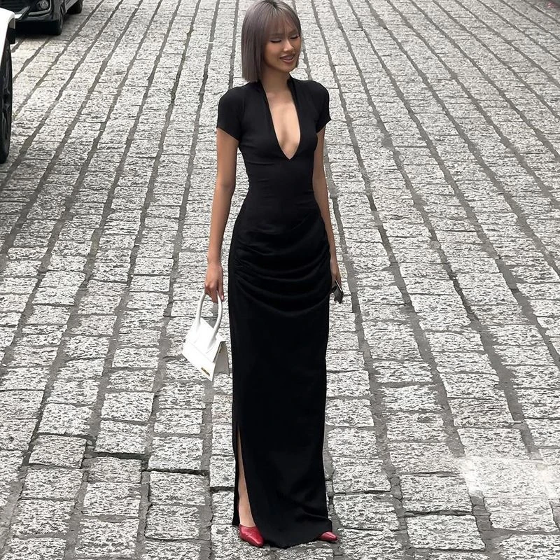 pinkmoon||轻欧辣妹新款性感连衣裙气质显瘦U领修身开叉裙子长裙