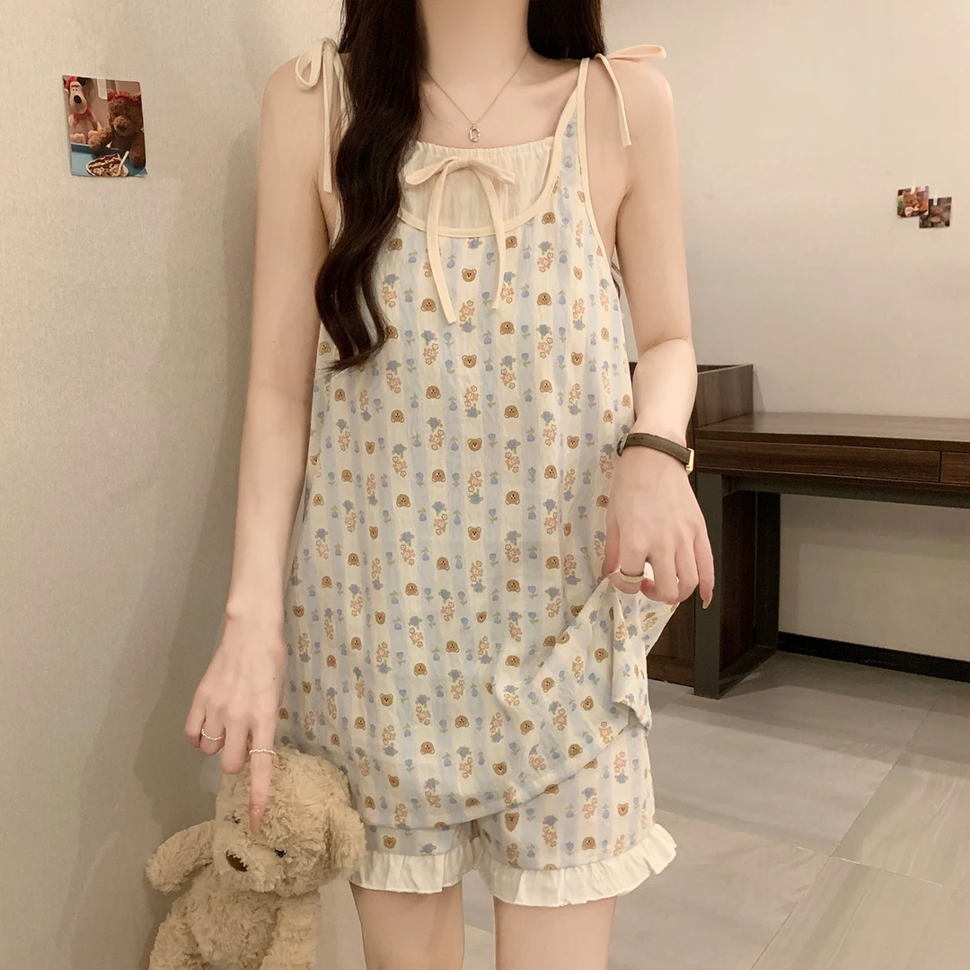 网红款吊带短裤睡衣女夏季小香风背心套装无袖卡通可爱宽松家居服