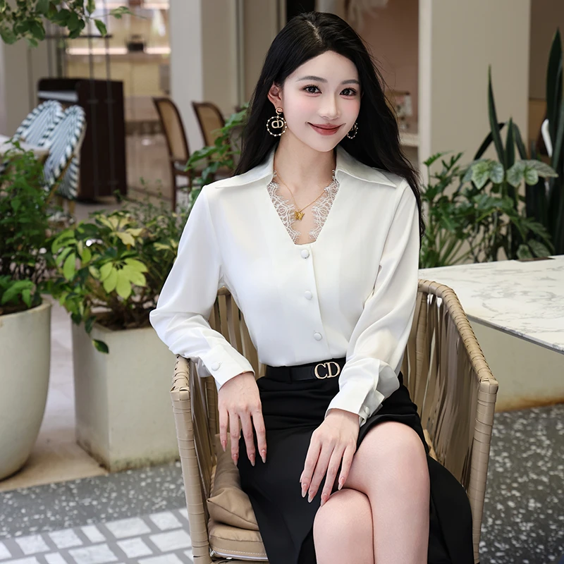 YOYO专属气质百搭蕾丝设计感轻熟修身女衬衫时尚名媛常规款领衬衫