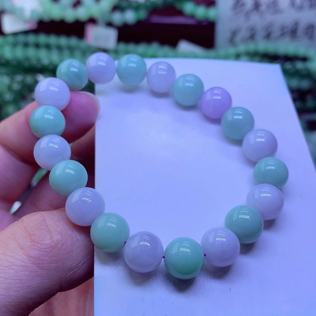 正品天然翡翠A货 老坑飘红双彩珠手链卡9随机一条