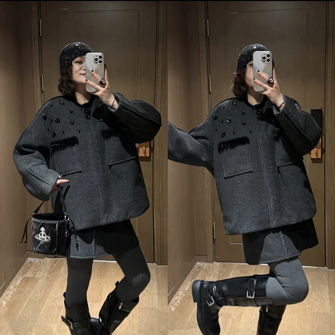 YDFSTUDIO小众【高智定格】欧货亮片花朵装饰羽绒外套+半身裙套装