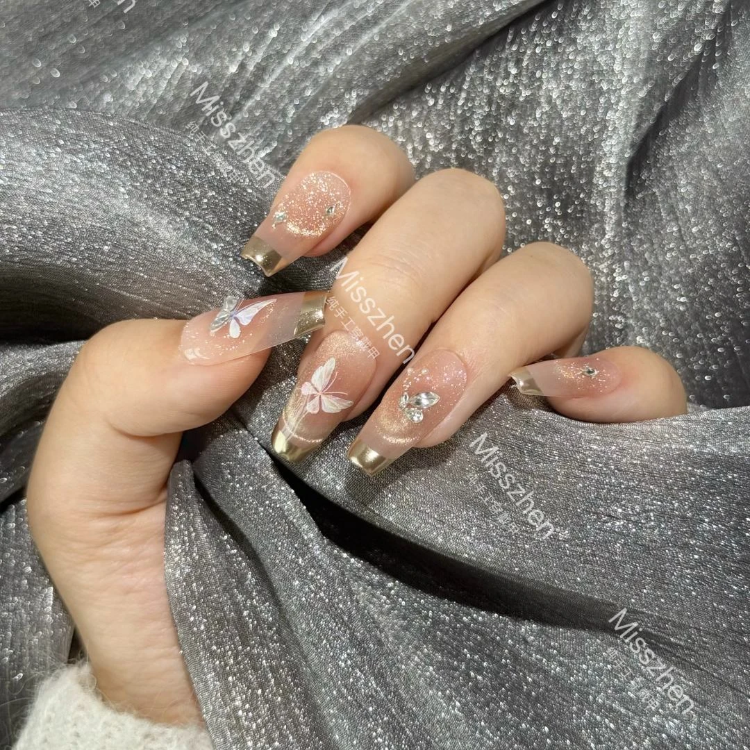 米斯珍【蝴蝶流沙】纯手工穿戴甲 高级感腮红爆闪法式猫眼 新娘甲