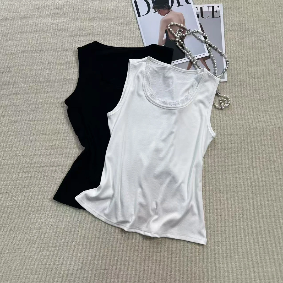 D112简约U领蕾丝花边背心2025春夏新款修身显瘦百搭无袖t恤