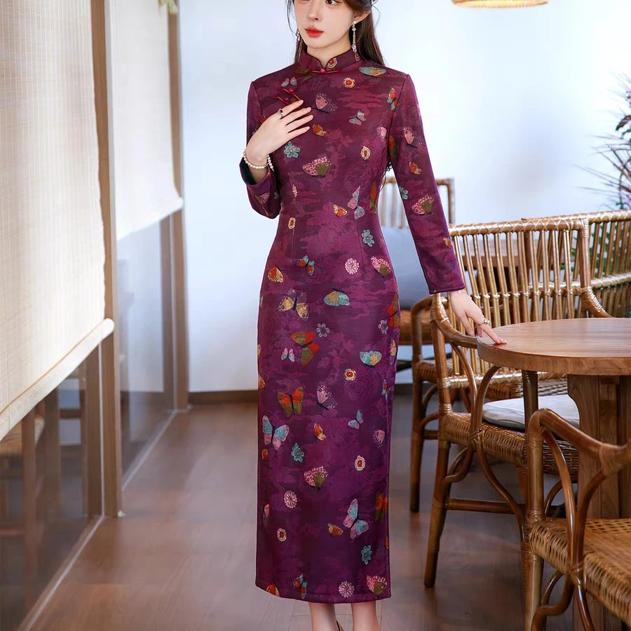 【紫蝶】秋冬新款修身显瘦复古加厚长款改良妈妈时尚提花旗袍裙