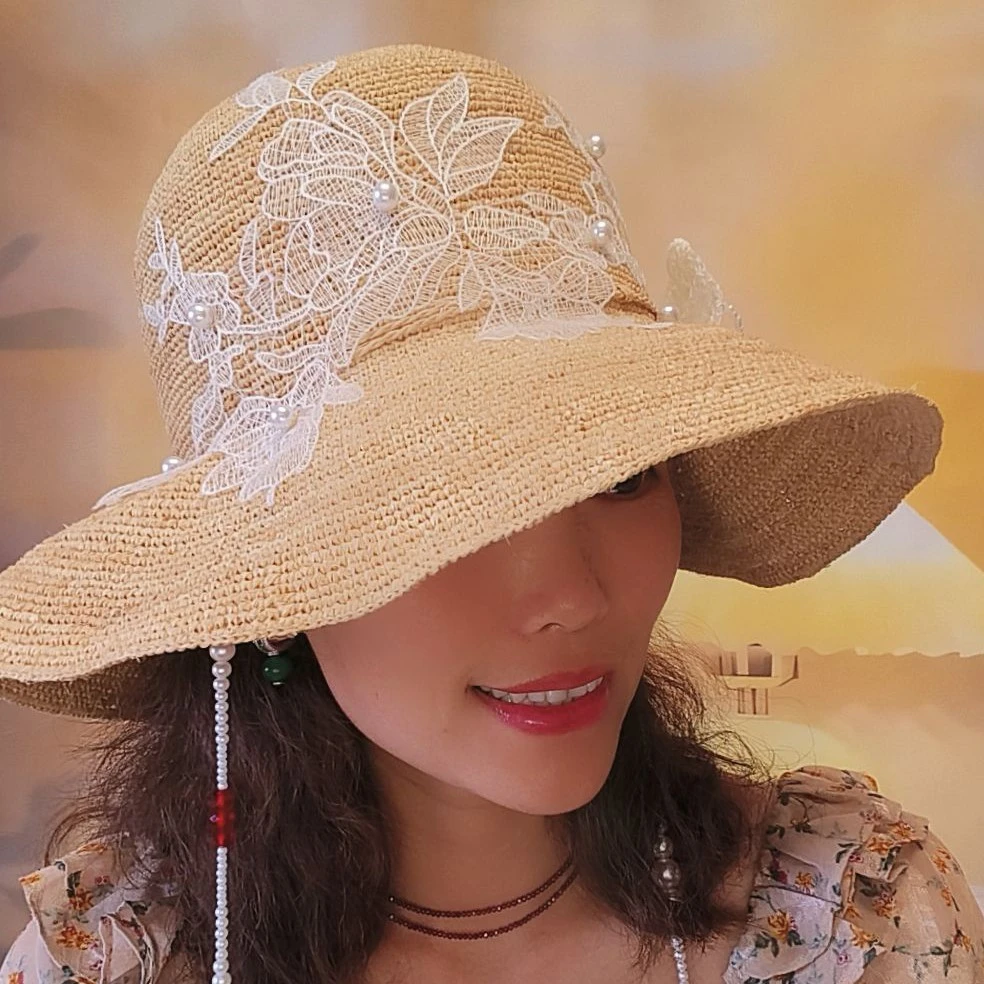 夏季蕾丝拉菲草草帽大帽檐四季通用遮阳防晒沙滩帽显脸小小众原创