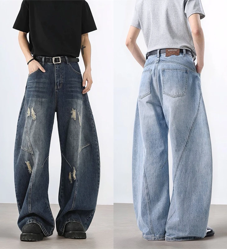 美式复古廓形弯刀牛仔裤男女宽松vintage解构磨破水洗阔腿休闲裤