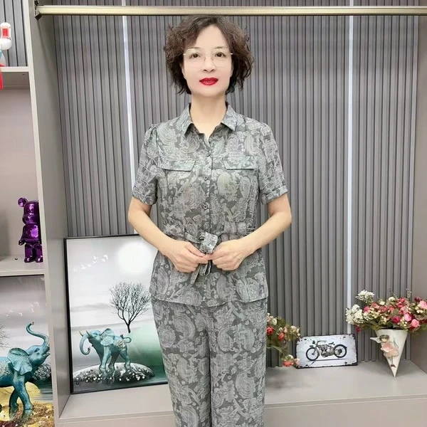 828-（妈妈装）女士减龄舒服休闲短袖腰果花套装显瘦气质时尚