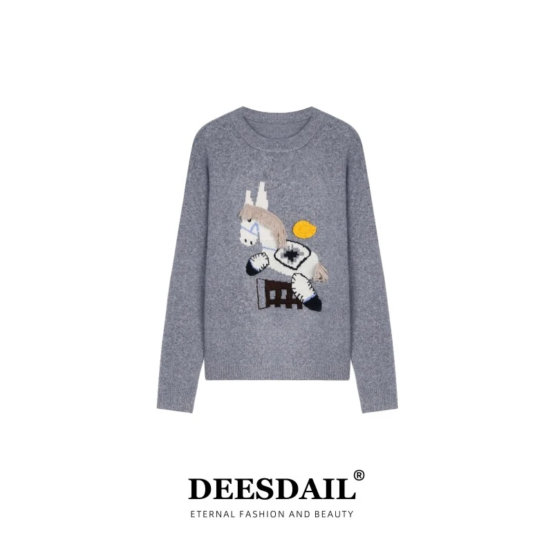 DEESDAIL冬浅灰色小马提花圆领毛衣显瘦小众宽松百搭针织衫女A391
