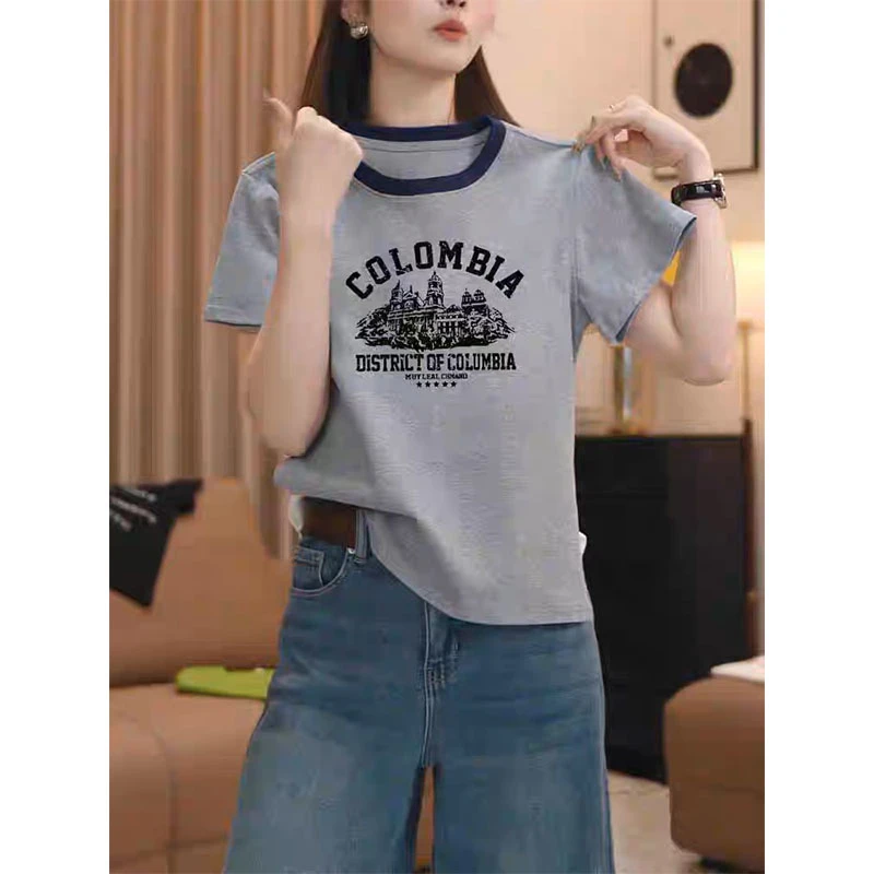 2025夏季潮货正肩拼色灰色女显瘦不撞款短袖T恤衫小众高级感上衣