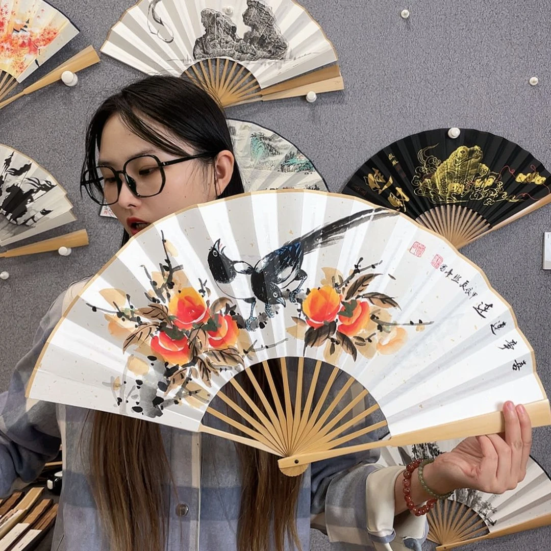 国画10寸玉竹-纯手绘-文玩扇骨（默认粘好）