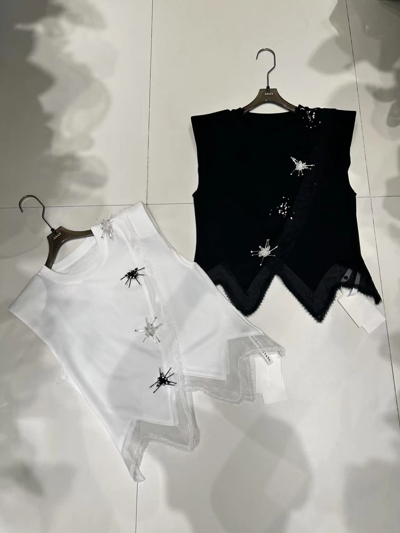 DA-J 夏季新款下摆抽褶拼接蕾丝小众设计感T恤