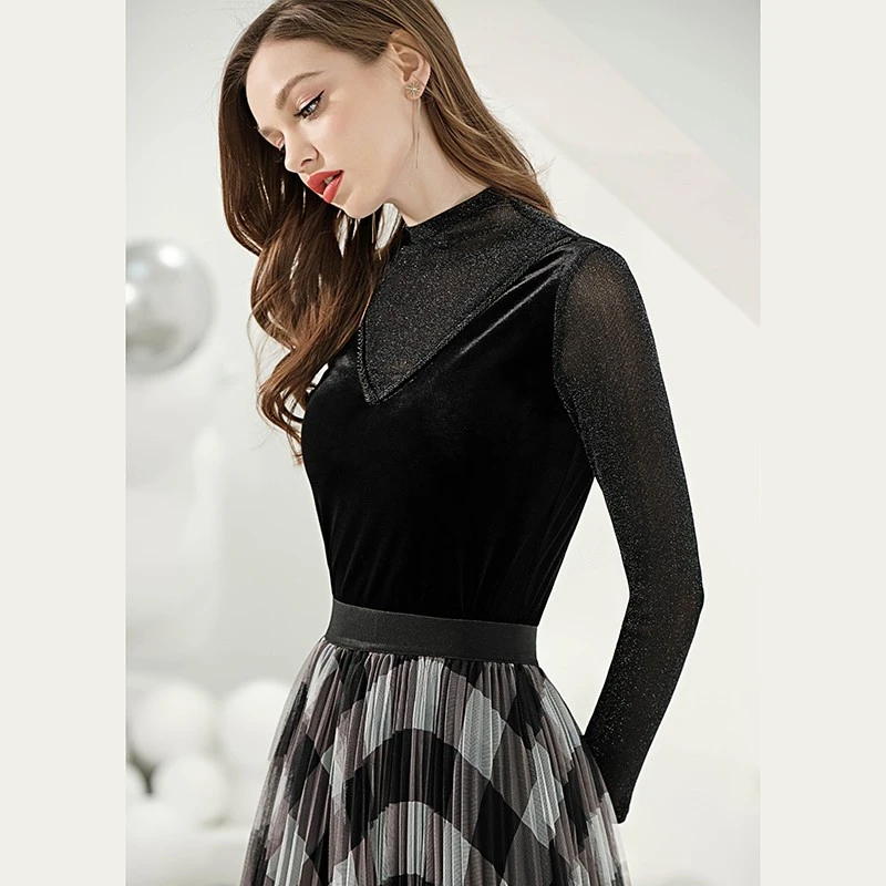 丝绒网纱半透时尚百搭上衣2025秋季新款女潮洋气性感修身长袖T恤