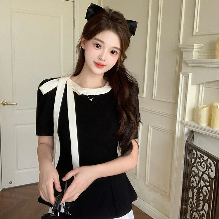 夏装新款胖mm大码女设计感撞色系带蝴蝶结开叉短袖T恤长裙套装