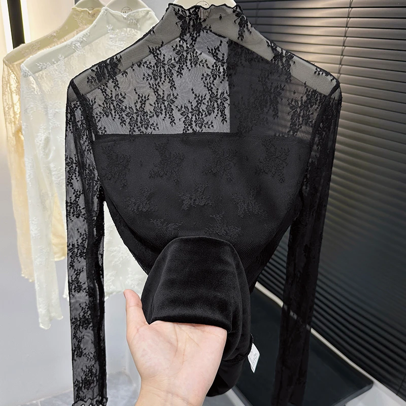 时髦微透镂空半高领长袖纯色蕾丝衫2025秋冬新款修身显瘦打底上衣