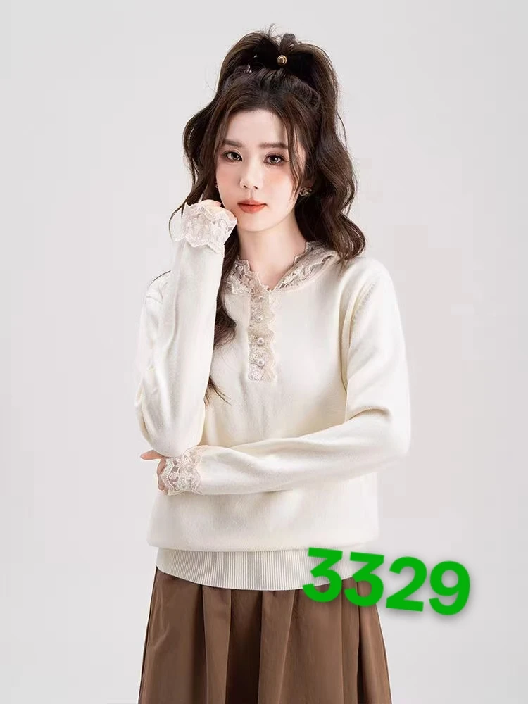 超好看蕾丝帽针织打底衫毛衣女秋冬2024新款外穿内搭独特漂亮上衣