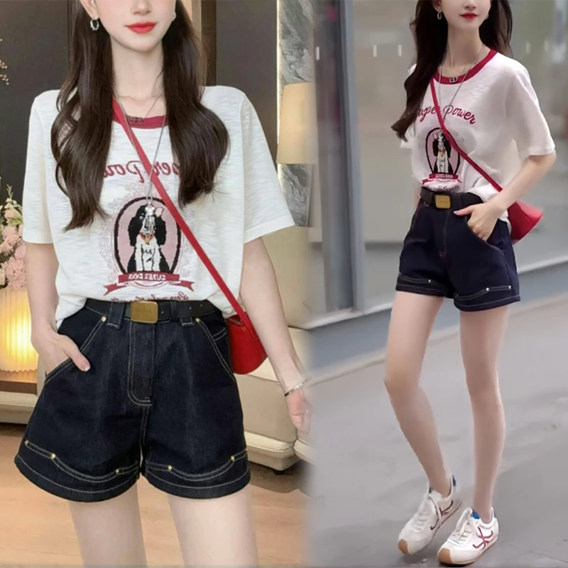巨好看的休闲套装女2025夏季韩系气质减龄针织T恤牛仔短裤两件套