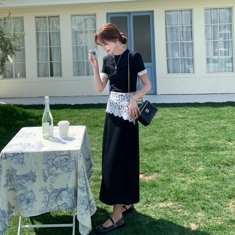 法式复古轻熟风修身上衣蕾丝屁帘半裙2025夏季新款轻奢赫本风套装