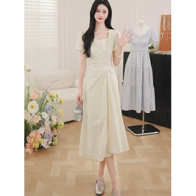 【粉丝福利】气质方领短袖连衣裙女小众高腰长裙子QJD00376