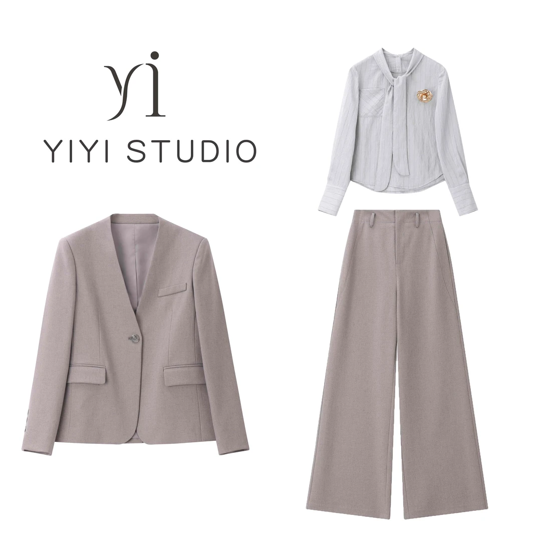 【春日格林】<YiYiii>法式飘带领衬衫休闲无领西装外套高腰西裤