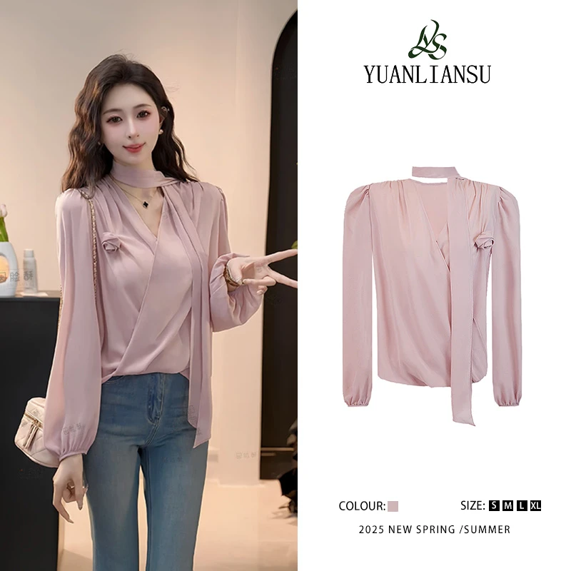 YUANLIANSU/圆脸酥【蔷薇恋语】法式复古立体玫瑰花V领显瘦衬衫上衣