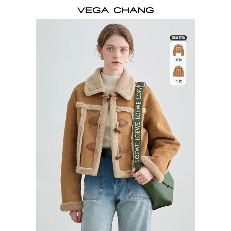 VEGACHANG皮毛一体短外套女秋冬2025新款雅丹风宽松毛绒夹克外套