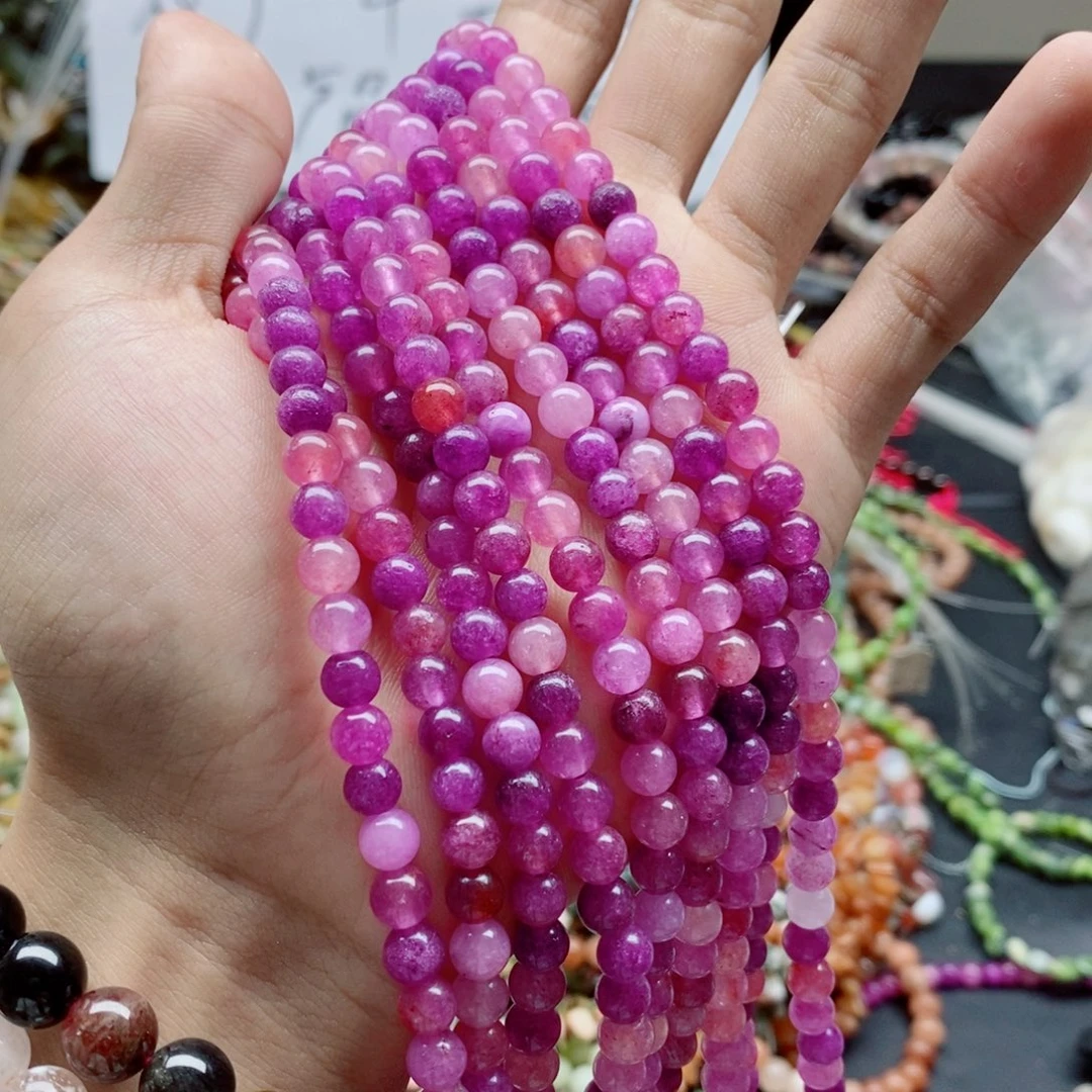 玛瑙/玉髓未镶嵌珠宝半成品一条天然6mm紫玉髓圆珠C86