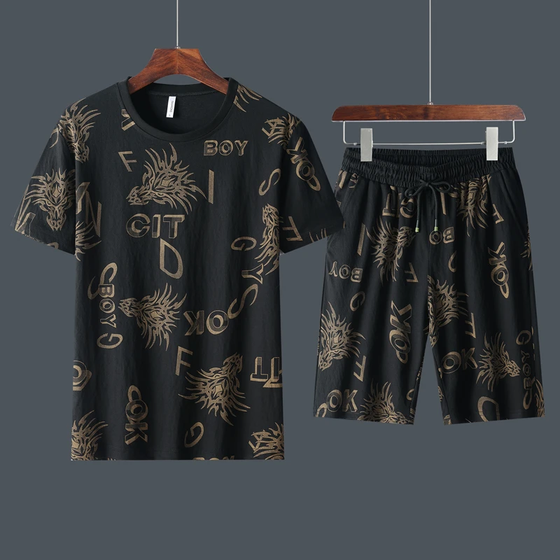 彪博夏季短袖套装男冰丝速干新款花色t恤五分裤运动服休闲两件套