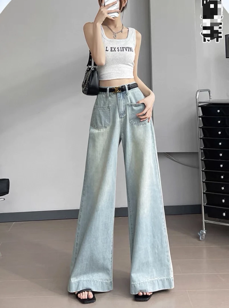 浅蓝色阔腿裤牛仔裤女2025春秋新款显瘦高腰