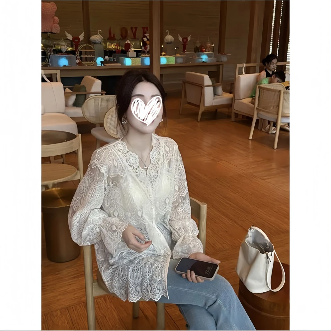 2025春季新款森系花边法式蕾丝钩花镂空打底衫女上衣8285