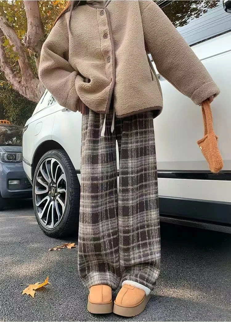 C31-4两色“加绒格纹”松紧腰直筒裤