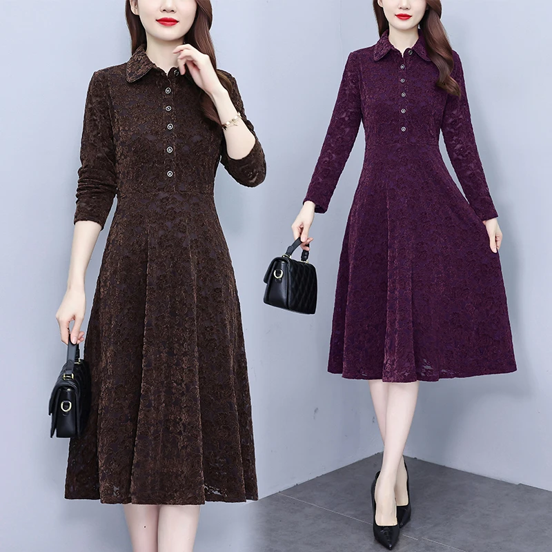 贵夫人高端精致气质端庄大气显瘦蕾丝秋冬新款洋气妈妈打底连衣裙
