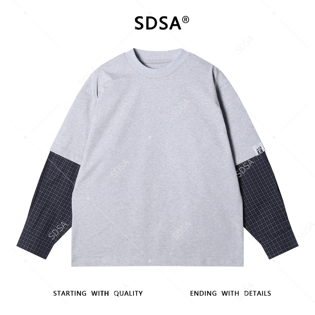 SDSA男士秋冬新款痞帅男装潮牌袖子拼接圆领长袖T恤百搭时尚上衣