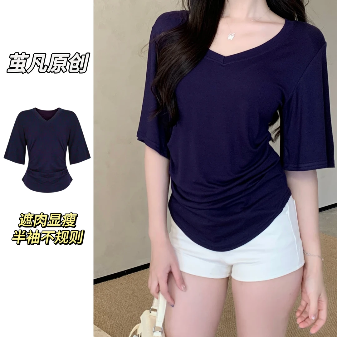 半袖V领掐腰短袖T恤女大码胖mm夏季巨遮肉显瘦韩版百搭纯色上衣